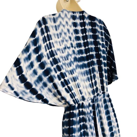 Shein Navy White Tie Dye Palazzo Jumpsuit Plunge Neckline Twisted Knot Front - Picture 8 of 16